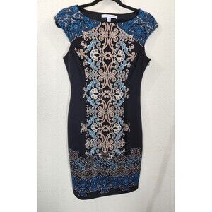 Maggy London Dress Women 4 Black Blue Baroque Scroll Sheath Cap Sleeve Career
